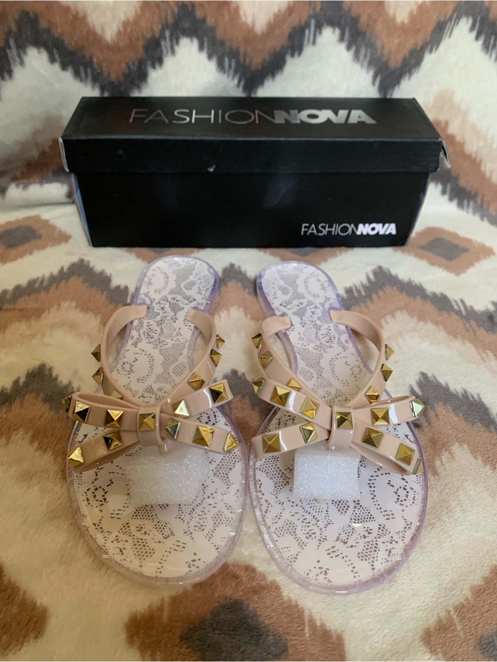Fashion Nova Summer Romance Studded Flat Sandals Nude Sz 8